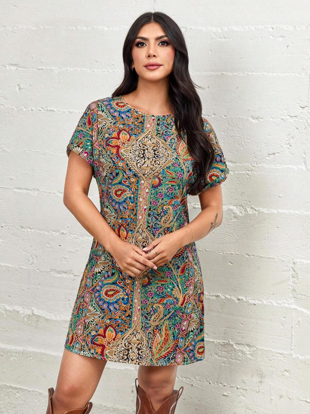 154g Weight Above Knee Dress Length Type Short Sleeve Sleeve Length Sheath Dress Dresses Type Batwing Sleeve Sleeve Type Polyester Fabric Type Mid Waist Waist Line Holiday Occasion Round Neck Neckline Regular Fit Fit Type Multicolor Pattern Summer Season Women's Gender Streetwear Style Wholesale Women's Streetwear Multicolor Holiday Round Neck Short Sleeve Sheath Dress 16
