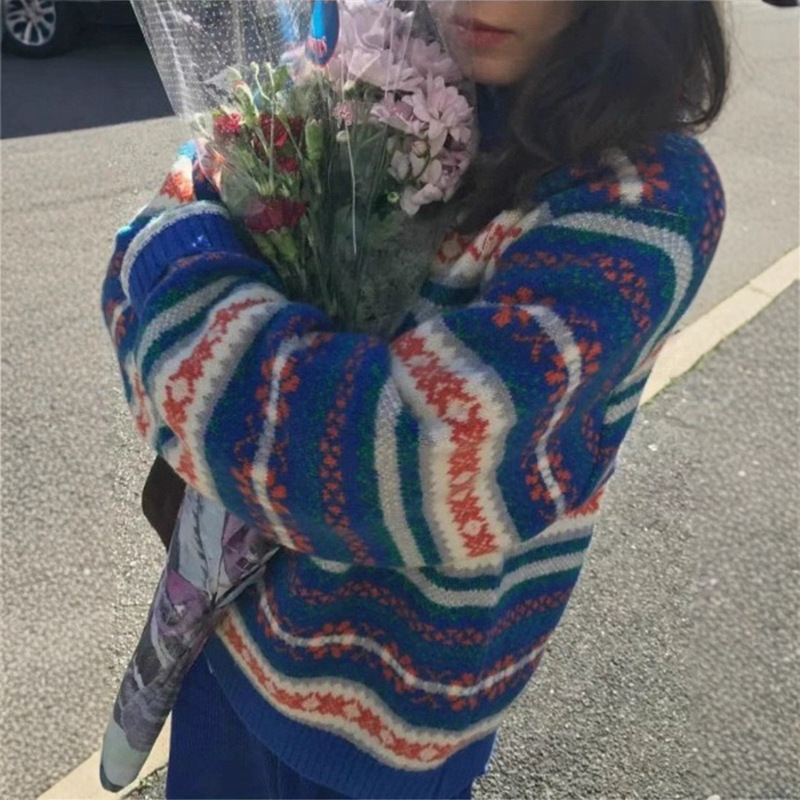 Now Sie*Ne Retro Jacquard Blue Knitwear Korean Designer Women's Round Neck Wool Korean Knitwear