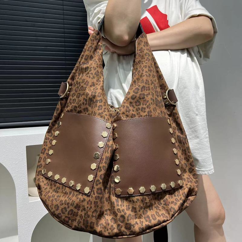 クロスボーダー専用レディース欧米レトロヒョウ柄バッグ大容量ステッチリベット本革シングルショルダーバッグ|undefined