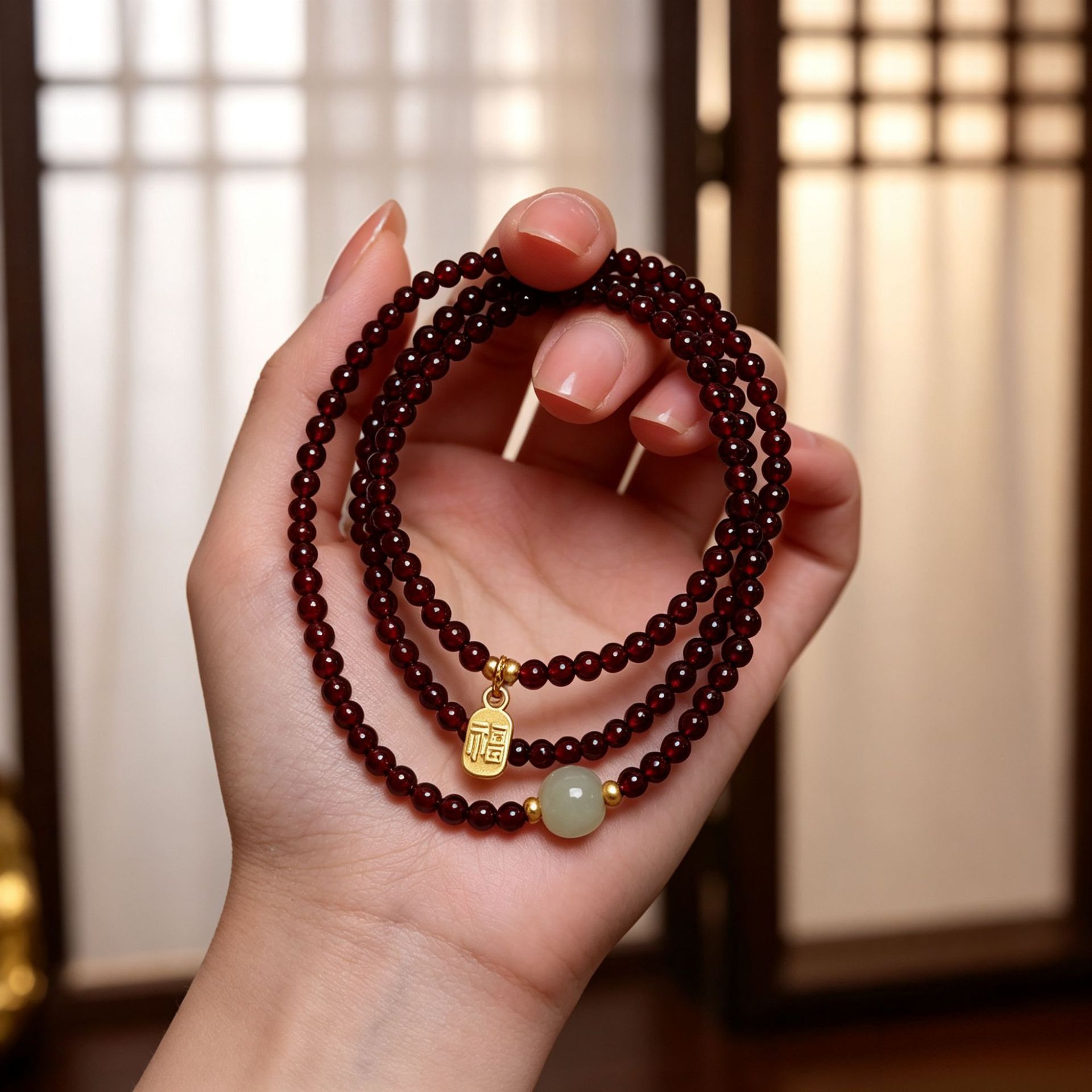 Natural garnet three-ring bracelet and Hetian jade bracelet, light luxury niche style for men and women, versatile jewelry for couples, wholesale