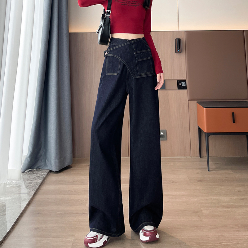 美式拼接假两件阔腿牛仔裤女秋季新款显瘦宽松直筒梨型身材裤子|undefined