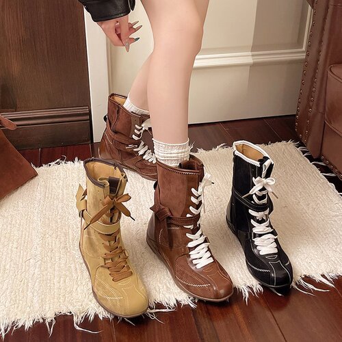 2025 Fall New Niche Design Sensibility Inner Heel Lift Women's Versatile Color Block Laced Boxing Boots Fashion Boots