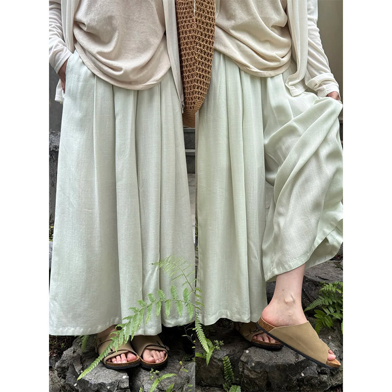 Sky Blue Linen Culottes for Women, Summer Thin Style, 2026 New Model, Loose and Relaxed with a Draping Effect, High-Waisted, Slimming Cotton-Linen Wide-Leg Pants