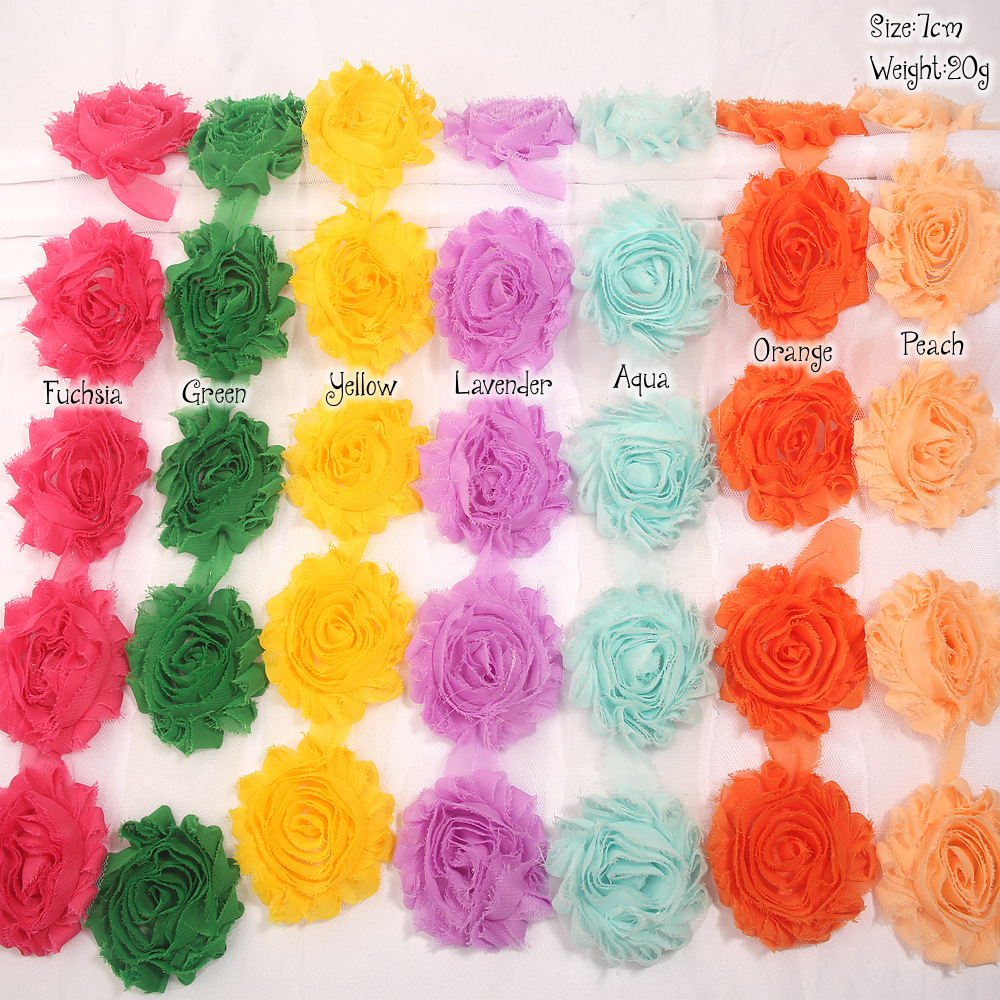 Jewelry and hair accessory set: distressed, frayed-edge chiffon roses, sunflowers, corsage flowers, shoe flowers, and hat flowers, sold by the yard in 36 colors
