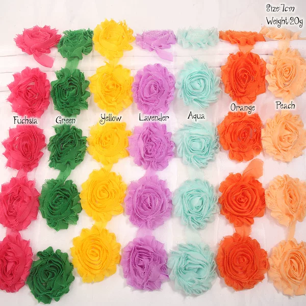 Jewelry and hair accessory set: distressed, frayed-edge chiffon roses, sunflowers, corsage flowers, shoe flowers, and hat flowers, sold by the yard in 36 colors