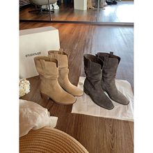 葡萄妈studiolee 增高8cm~韩系V口粗跟堆堆靴女秋冬西部牛仔短靴