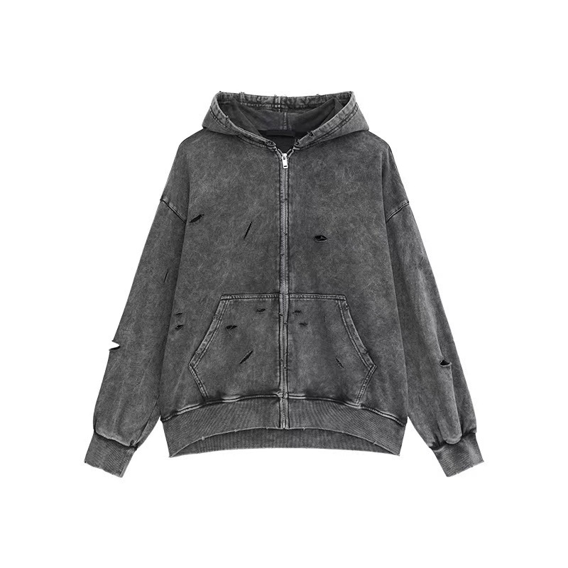 Amazon nuevo agujero sudadera con capuz hombre lavado con agua pesado suelto versátil pareja retro la misma camisa de moda