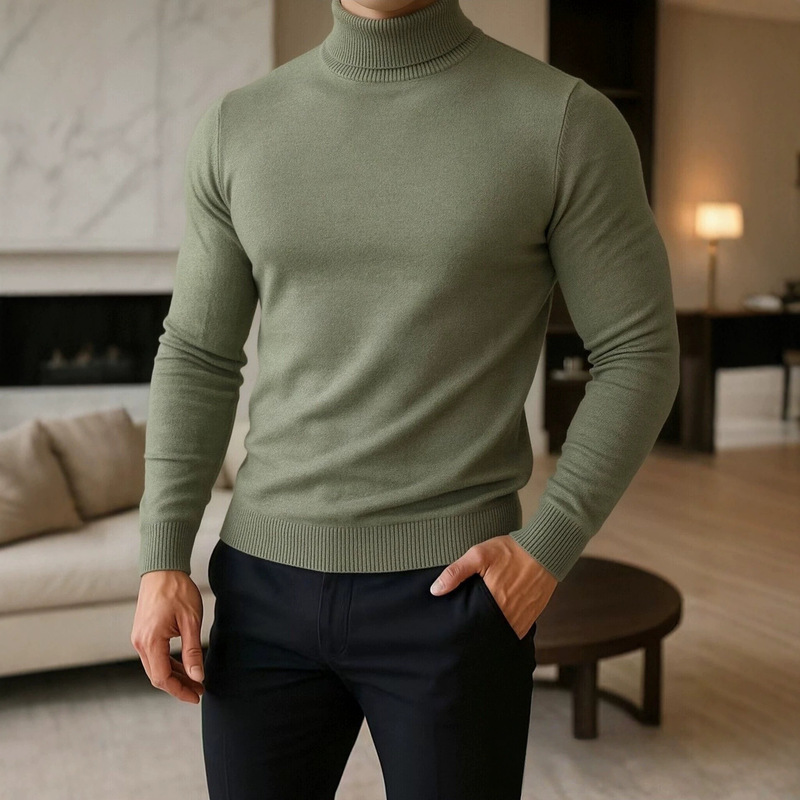 Men's Casual Ribbed Turtleneck Knit Sweater, Solid Color, Soft Long-Sleeve Pullover, Can Be Worn as a Base Layer or Alone, Trendy Men's Casual Ribbed Turtleneck Knit Sweater, Solid Color, Soft Long-Sleeve Pullover, Can Be Worn as a Base Layer or Alone, Trendy