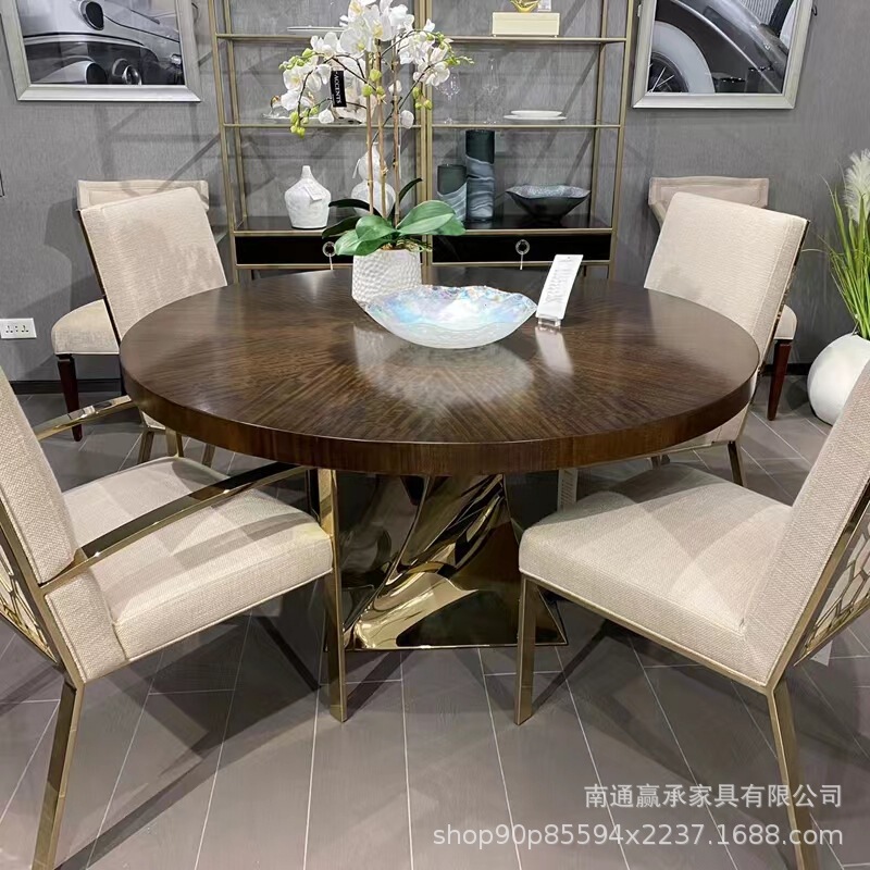 Light luxury furniture American art solid wood dining table stainless steel feet 1.5 m round dining table cara modern retro table Light luxury furniture American art solid wood dining table stainless steel feet 1.5 m round dining table cara modern retro table