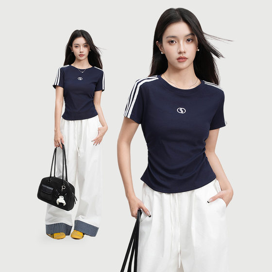 Seasonal Graceful Three-Bar Shoulder Striped T-Shirt Short-Sleeved Women's Summer Niche Design Embroidered Tight Waist Slimming Top