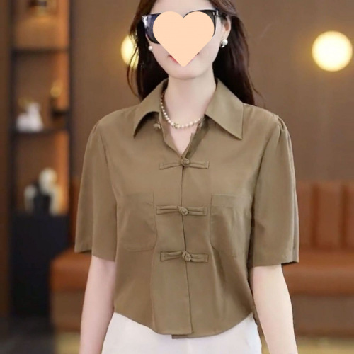 Women's Summer 2025 Retro Chiffon Shirt with National Style Buttoned Collar, Bubble Sleeve Short Top, Plain Color European Style