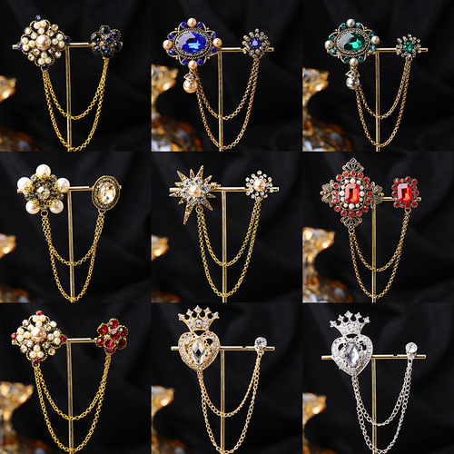 Retro Fashion Baroque Water Diamond Chain Brooch Anti-Stray Light Pearl Inlaid Flower, British Court Suit Accessory