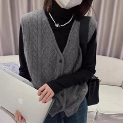 欧洲站秋冬复古叠穿V领麻花100羊毛衫女宽松洋气百搭无袖马甲羊绒