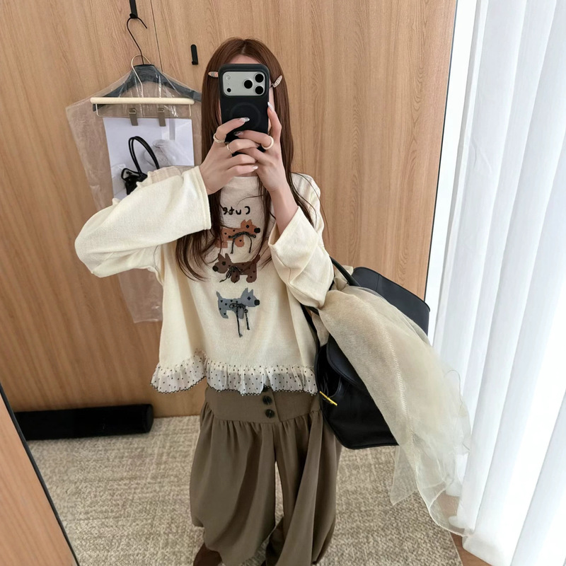2026 new autumn loose fashion top puppy bow round neck cloud cotton sun protection cover-up long sleeve T-shirt 2026 new autumn loose fashion top puppy bow round neck cloud cotton sun protection cover-up long sleeve T-shirt