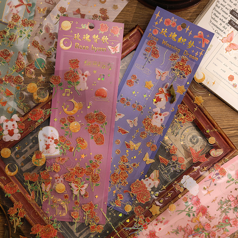 Rosa suprema serie tridimensional dorado mano cuenta pegatinas diy impermeable pvc goka lindo material decorativo papelería pegatinas