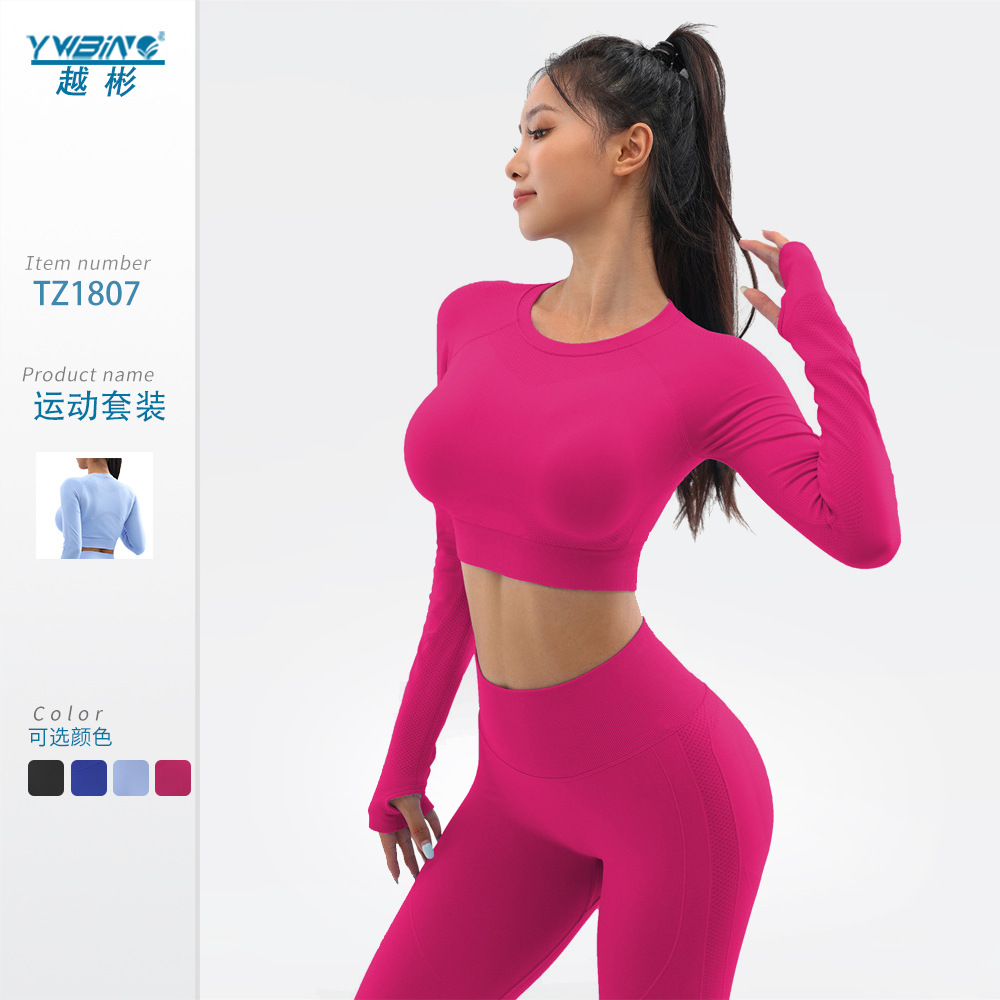 Transfronterizo europeo y americano sin costuras yoga manga larga superior apretado de secado rápido cintura alta cadera levantamiento yoga pantalones fitness traje mujeres