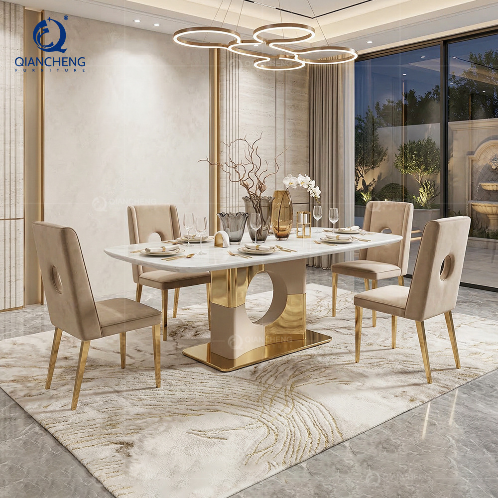 Mesa de Comedor Rectangular de Mármol Artificial y Metal, Personalizable, para Restaurante