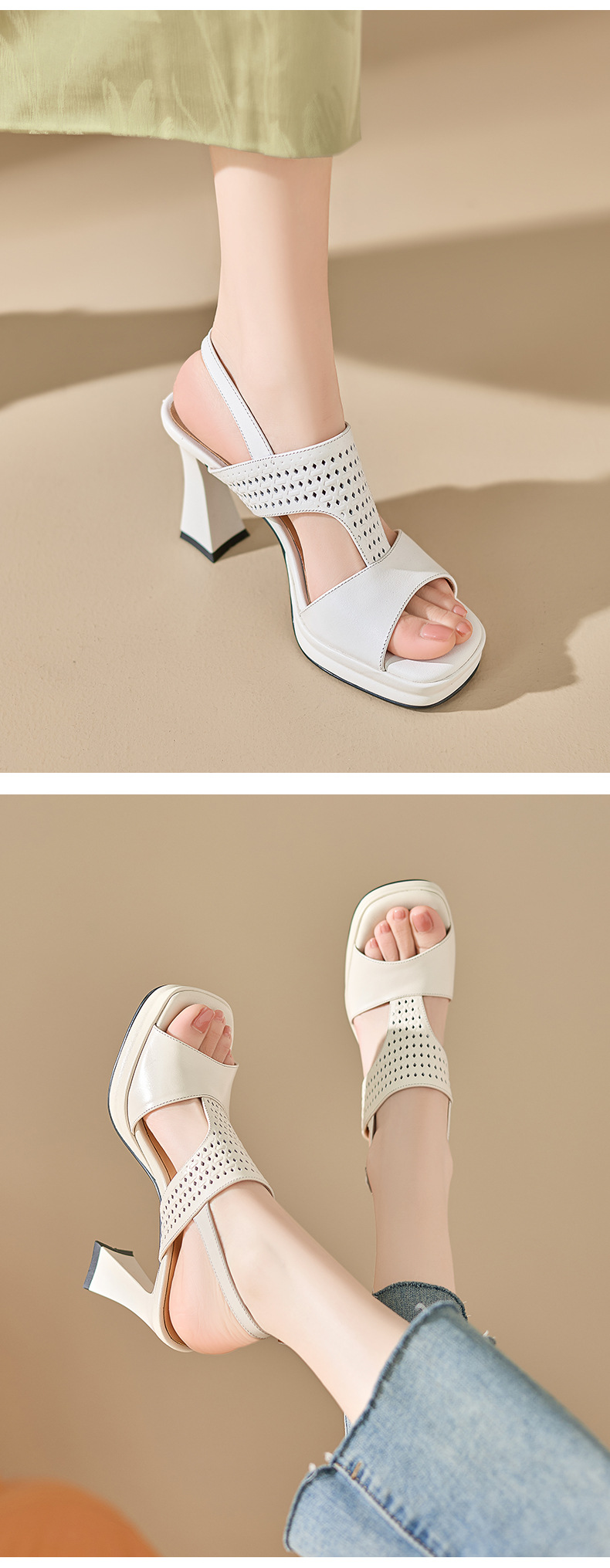 Sandal cao gót nữ hở mũi quai ngang khóa gót 9 cm — màu trắng ngà chi tiết 7