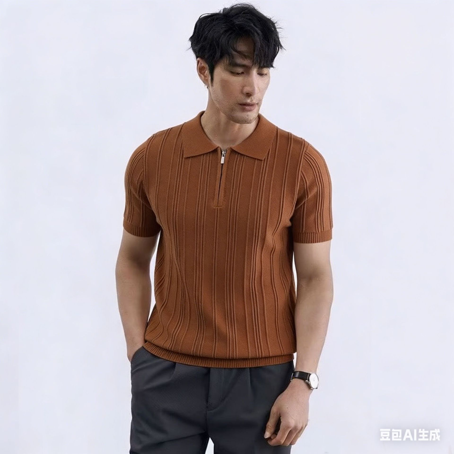 Polo camiseta de punto camiseta de manga corta hombre solapa media cremallera rayas viejas camisetas de hielo de viento de verano fábrica transfronteriza al por mayor
