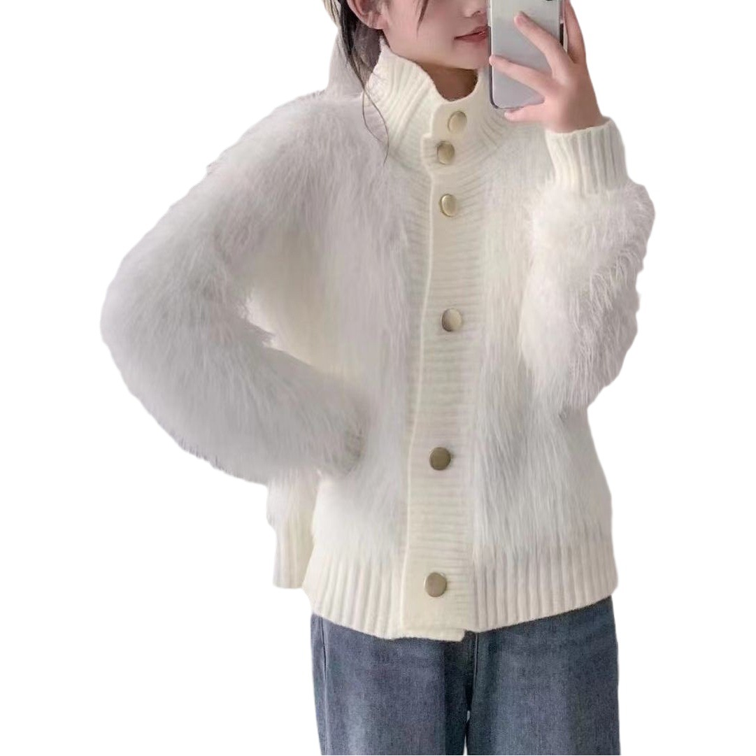 El otoño y el invierno nuevo estilo de imitación de visón de terciopelo collar de pie cardigan exterior de las mujeres de alto grado de temperamento flojo todo fósforo de punto abrigo de moda
