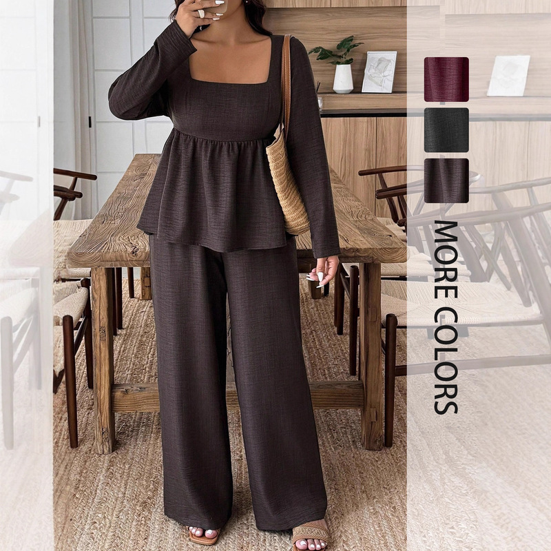 Cross-Border Square-Neck Ruffle Hem Long Pants Plus-Size Set Fashion Long-Sleeve Ruffle Top Wide-Leg Pants Two-Piece Set
