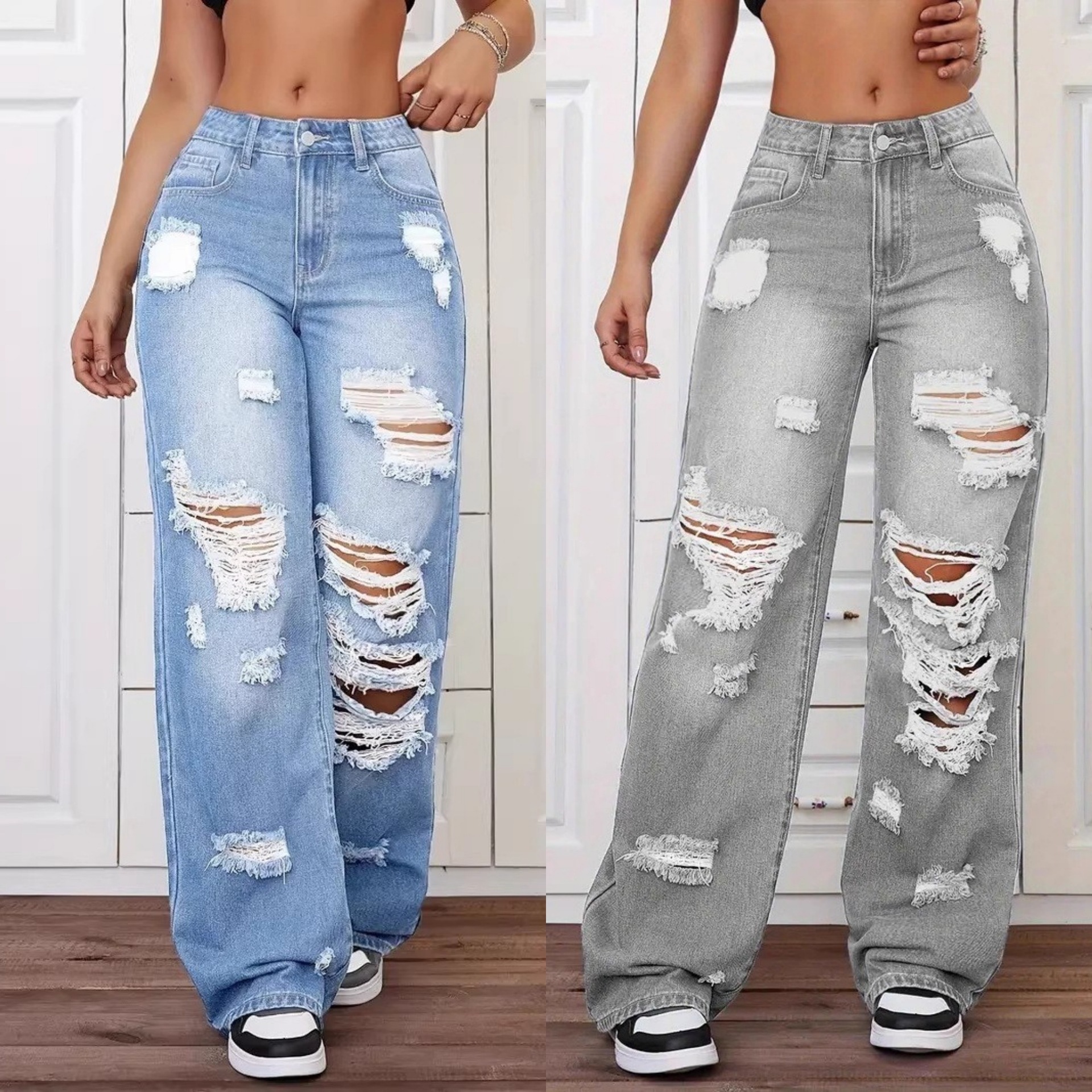 European and American Cross-Border Trade Ripped Jeans, Washed High-Waisted Straight-Leg Versatile Loose Denim Pants for Women Jeans
