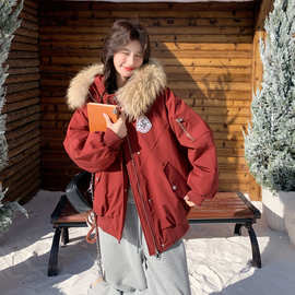 红色大毛领工装派克羽绒服女冬季流行爆款宽松休闲白鸭绒厚外套