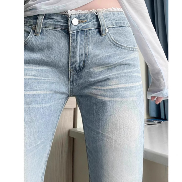 Retro American Light-Colored Low-Waist Bootcut Jeans for Women 2025 Summer New Style Washed Lace Splicing Flared Pants