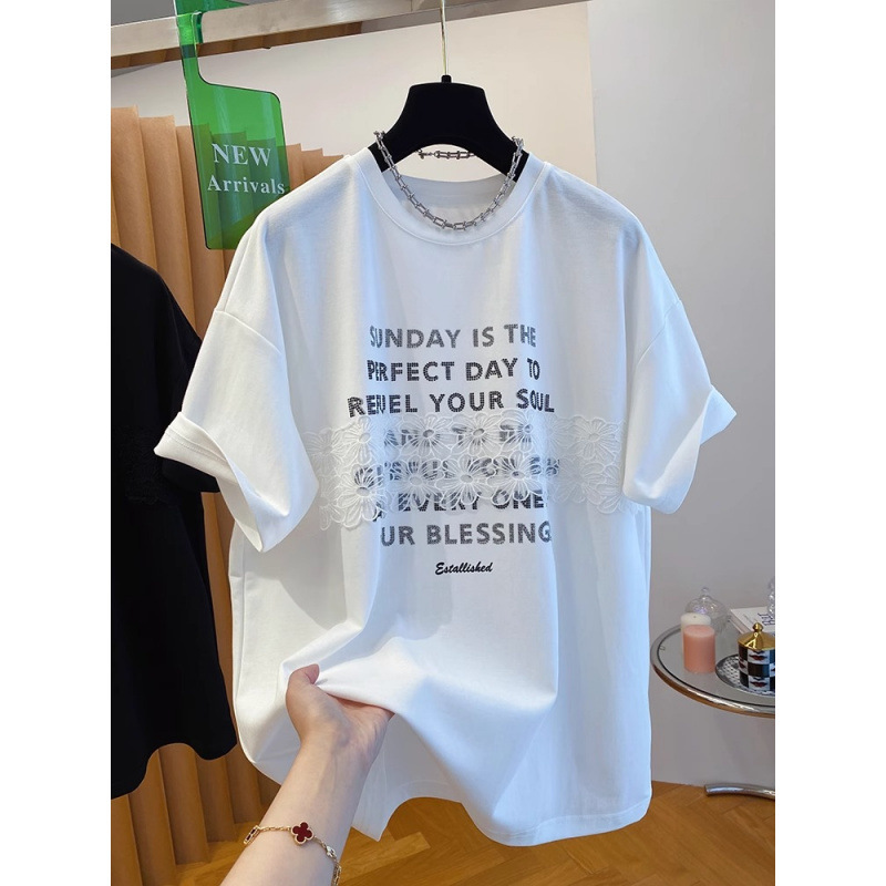 [Fat Sister] Summer Lace Letter Short-sleeved T-shirt Women's Design Sense College Style Loose Slimming All-match Top