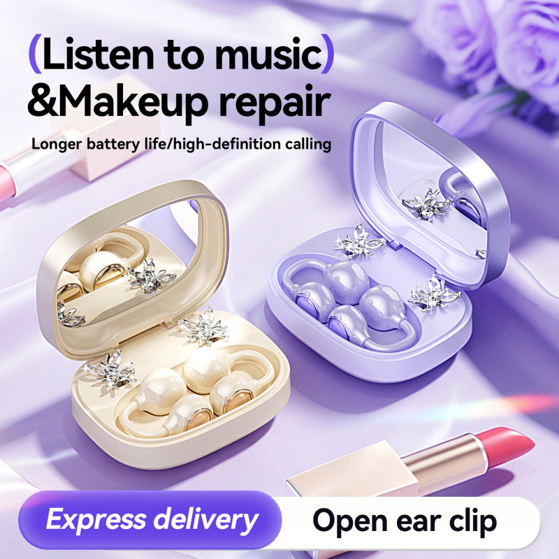M183 sports Bluetooth headphones, featuring sparkling butterfly-shaped earrings, a makeup mirror, and a wireless clip-on design; custom-designed noise-canceling Bluetooth headphones