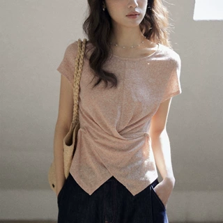 松弛感粉色扭结T恤女夏短款设计感不规则下摆短袖圆领上衣