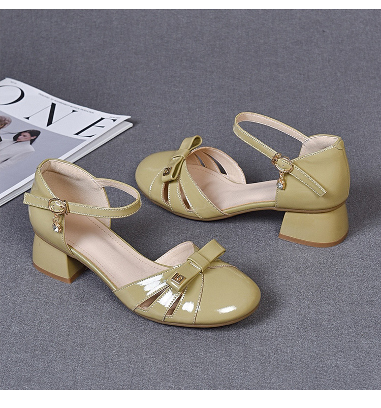 Sandal bít mũi nữ da sáng chế mũi tròn gót thô vừa phải — Màu đen chi tiết 15