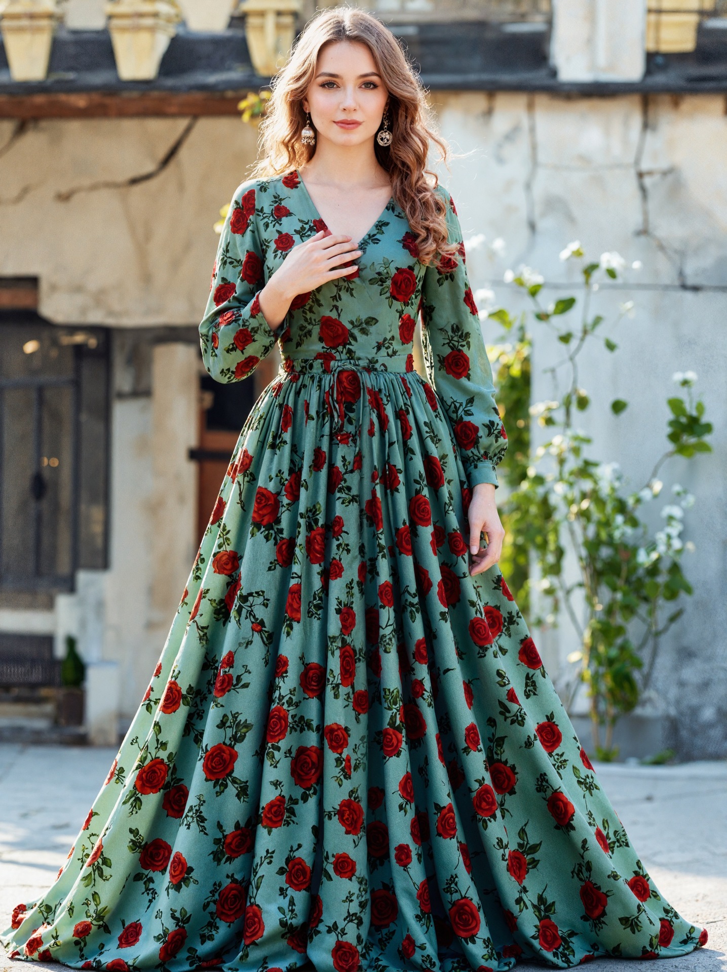 Women's Retro Elegant Slimming Printed Dress V Neck Long Sleeve Charming Fashionable_ecoleips.com