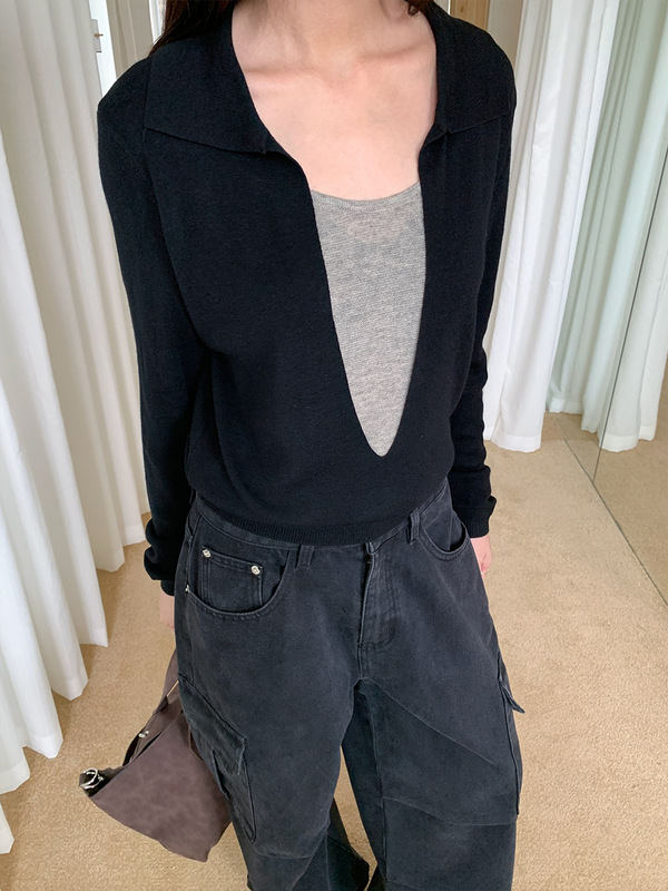 誉一新款2025秋季假两件深V领针织衫女个性翻领长袖上衣女c9631|undefined