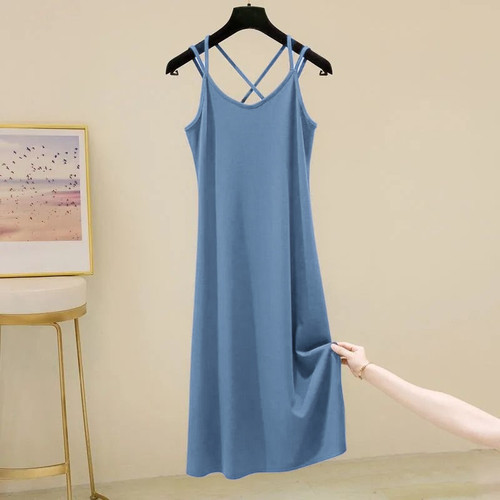 Loose Plus Size Summer New Strappy Ice Silk Dress for Women, Long-Sleeve Solid Color Simple Slimming Fashion Strap Dress