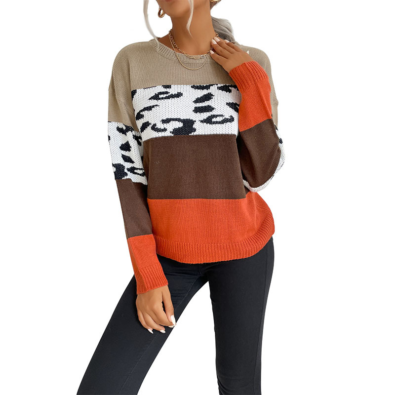 Leopard Print Color Matching Casual Tops Sweaters Pullovers_voghion.com
