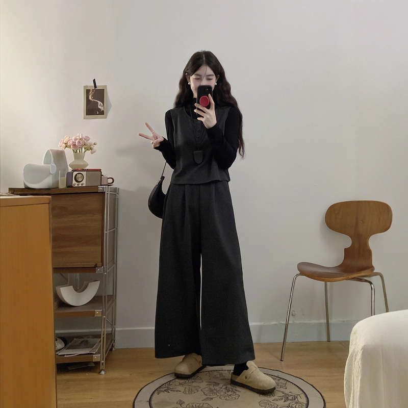 大码气质毛呢马甲长袖阔腿裤套装女2025秋冬洋气复古显瘦三件套|undefined