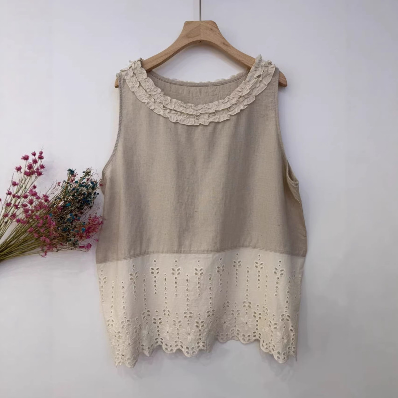 Japanese-Style Mori-Style Ruffled Round-Neck Cotton-Linen Sleeveless Top for Women, New Summer Model with Hem Featuring Floral Cut-Out Embroidery