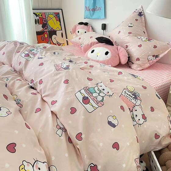 ins cartoon cat girl heart pink four-piece cute bedding plaid bed sheet dormitory 3-piece quilt cover