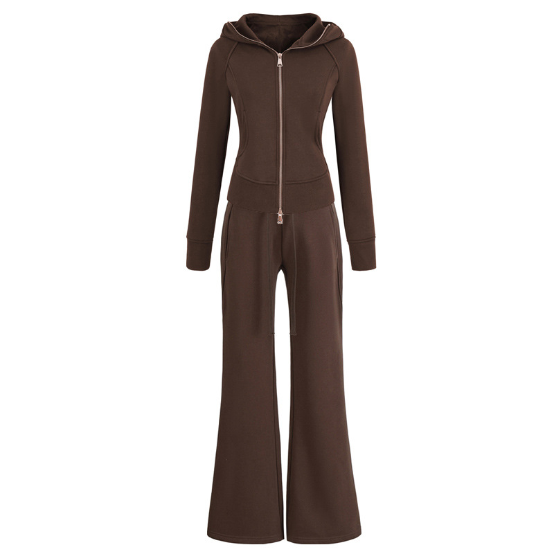 American-Style Waist-Cinching Double-Zip Fleece Hooded Cardigan Sweatshirt Casual Jacket Women's Versatile Sports Casual Pants Two-Piece Set