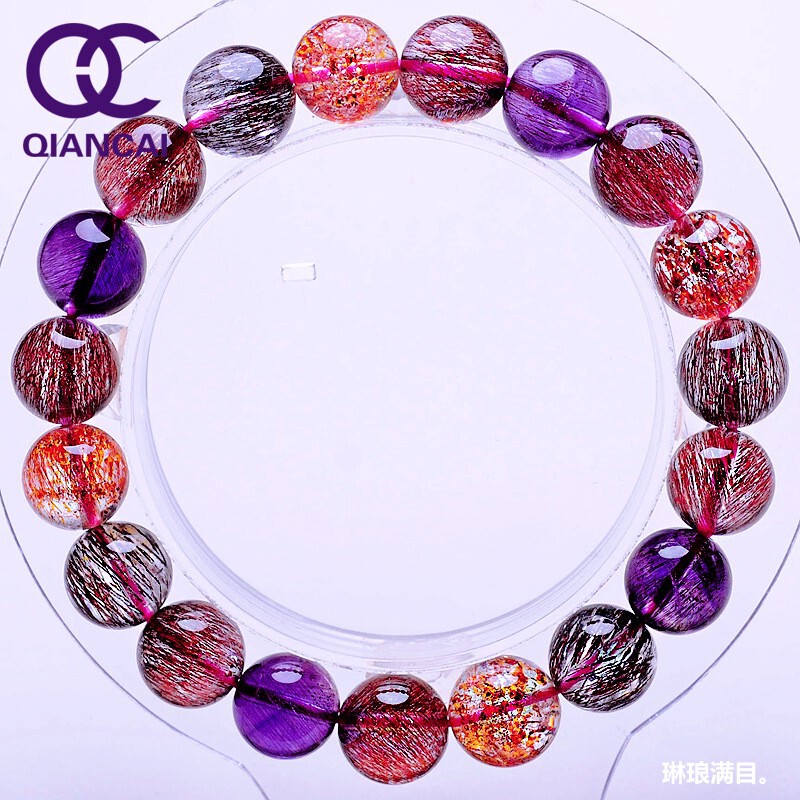 Super Seven Bracelet Natural Crystal for Women, Genuine Amethyst, Golden Strawberry Quartz, Mica Slices, Three-Wheel Backbone, Treasure Bowl Design for Women