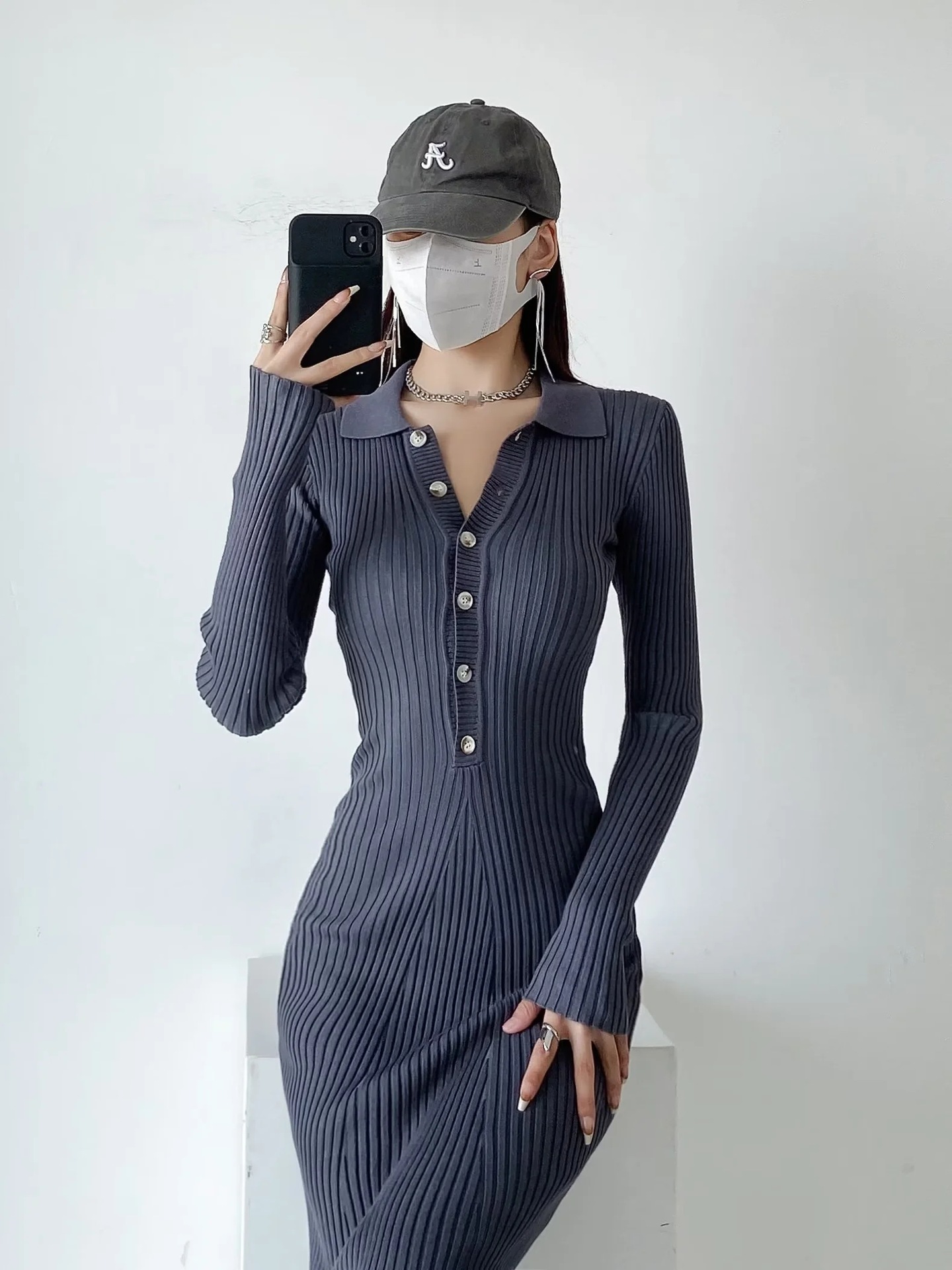 solid color pullover lapel long-sleeved elastic dress NSZQW138952