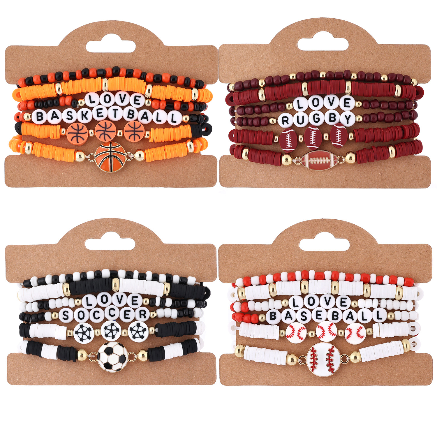 6-piece ball game colorful soft ceramic beaded letter bracelet elastic stowable bracelet men's and women's basketball football