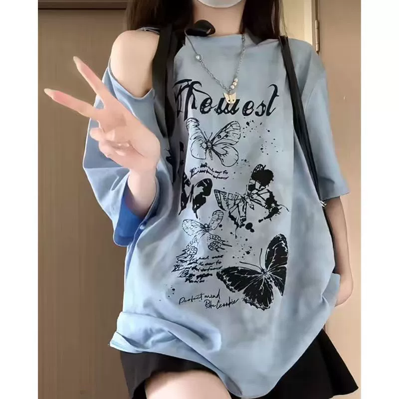 Женская футболка с рукавами в американском ретро-стиле, летний дизайн 2025 года, INS, асимметричный топ с бантом и открытыми плечами для женщин