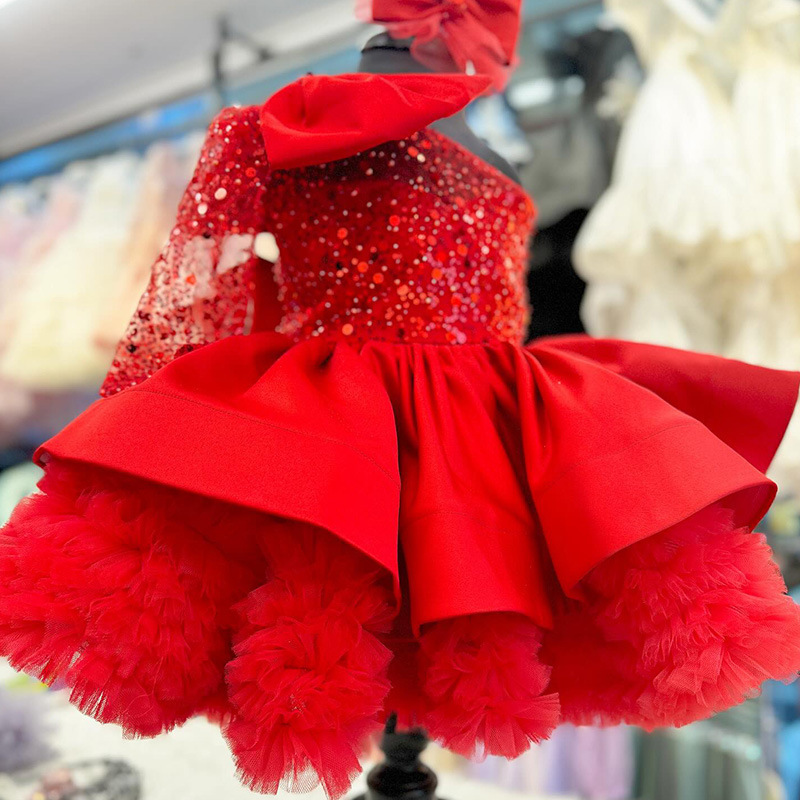 Girls One Shoulder Long Sleeved Princess Dress with Large Bow Sequined Tulle Birthday Dress for Baby Girls First Birthday Outfit_voghion.com