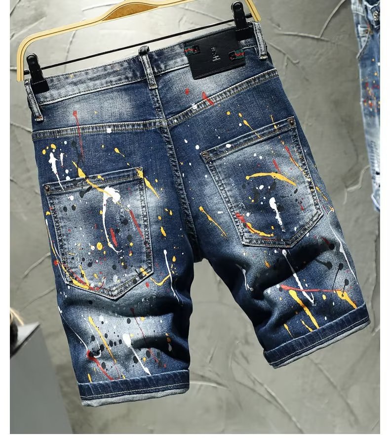 Pantaloni scurți din denim cu găuri de cerneală stropite, pentru bărbați, croială slim fit, picioare mici, pantaloni de vară subțiri cu cinci puncte la mijloc, versiune coreeană,_voghion.com