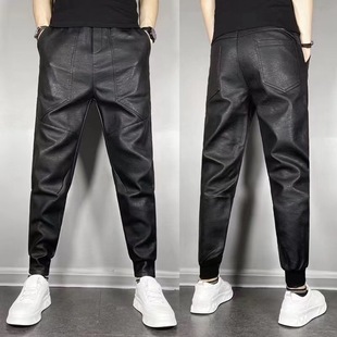 Autumn and Winter Men's fleece-lined Thickened Casual Elastic Motorcycle Leather Pants Straight Pants Windproof Waterproof Warm Ankle Pants
