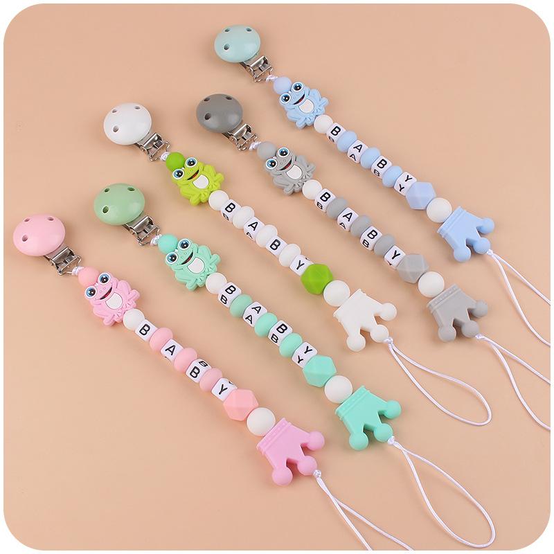 Suministros para bebés de dibujos animados animal Rana mordedor chupete cadena calmante bebé DIY mordedura de silicona chupete cadena anti-gota