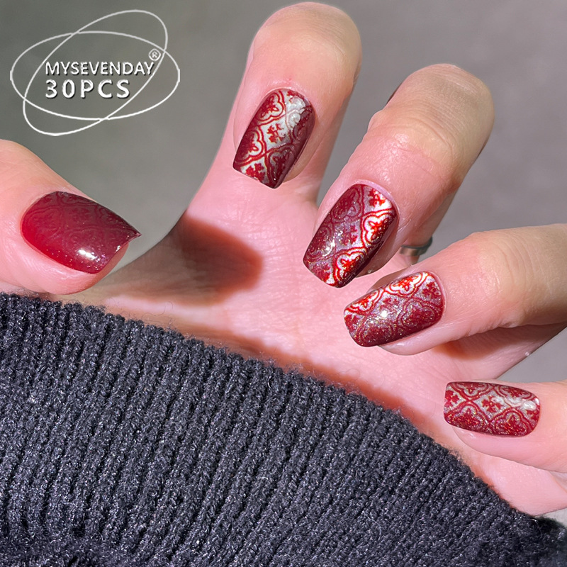 2025 New Year Wear Armor National Style Chinese Knot Advanced Nail Art dark red Cat's Eye Retro Nail Nail Pieces Short Square