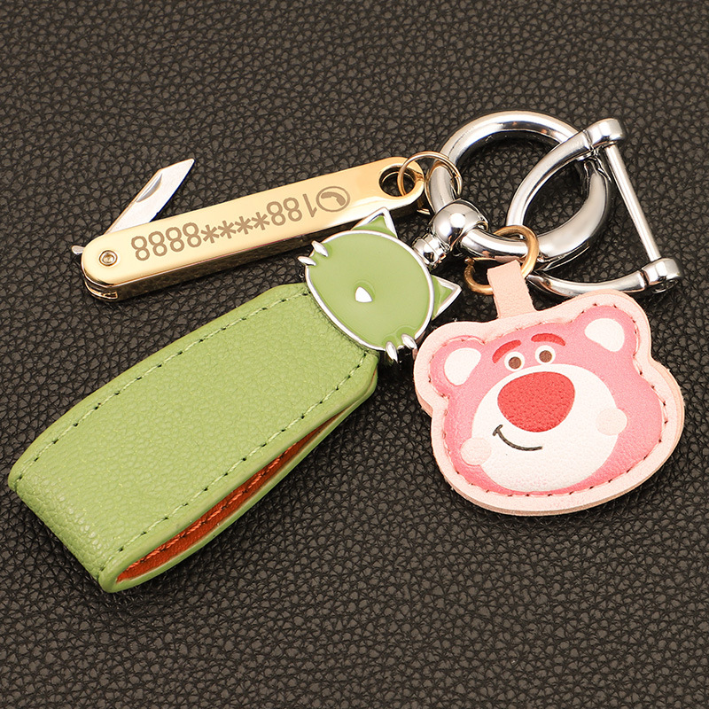 Macaron color gato cuerda de mano llavero de coche colgante de oso de fresa colgante de llavero de oso de cuero de alta calidad colgante de llavero de oso Pooh